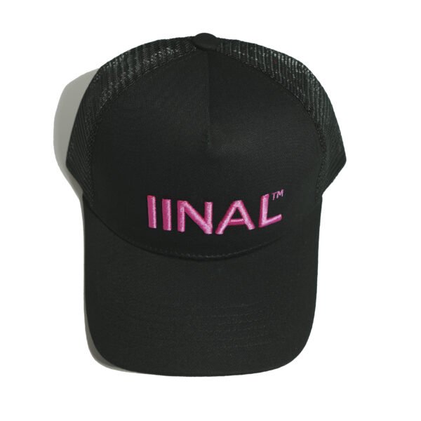 BLACK TRUCKER HAT WITH PINK IINAL 3D EMBROIDERY LOGO